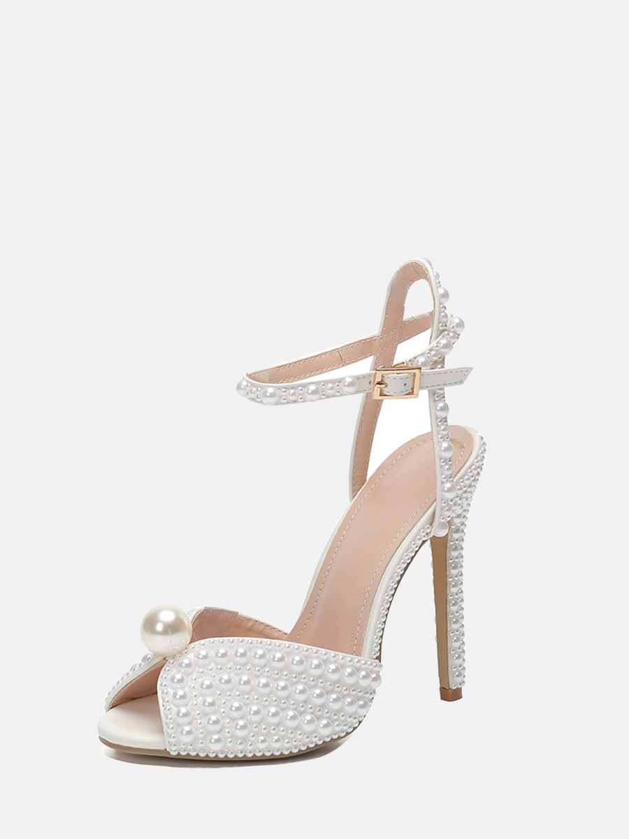 Women’s White Pearl PU Ankle Strap Stiletto Heels Peep Toe Wedding Sandals