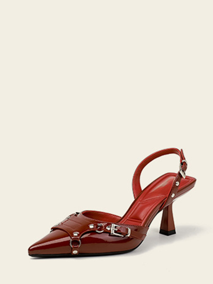 Women’s Wine Red Synthetic Buckle Slingback Pointed Toe Spool Heel Pumps