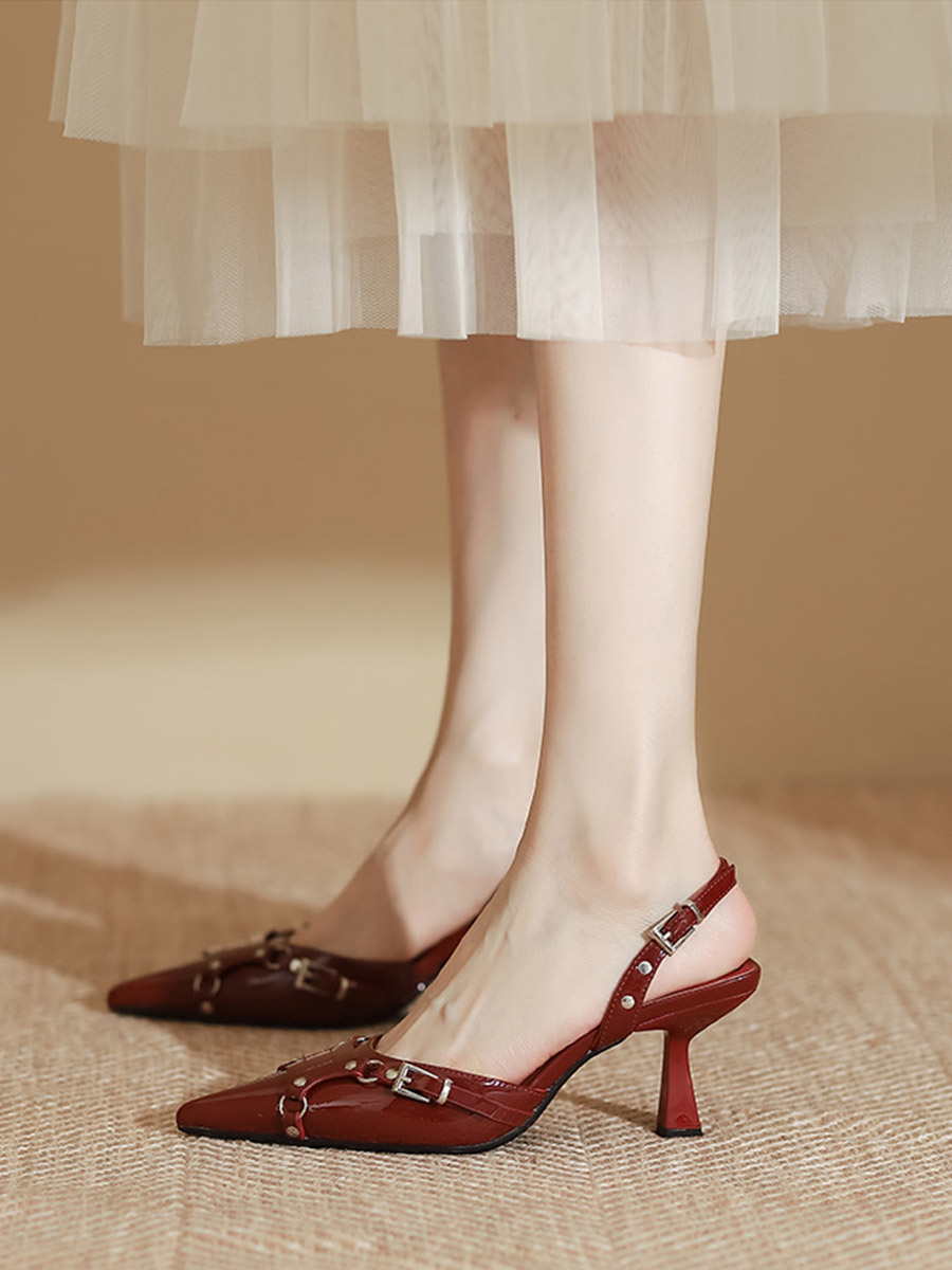 Women’s Wine Red Synthetic Buckle Slingback Pointed Toe Spool Heel Pumps (4)