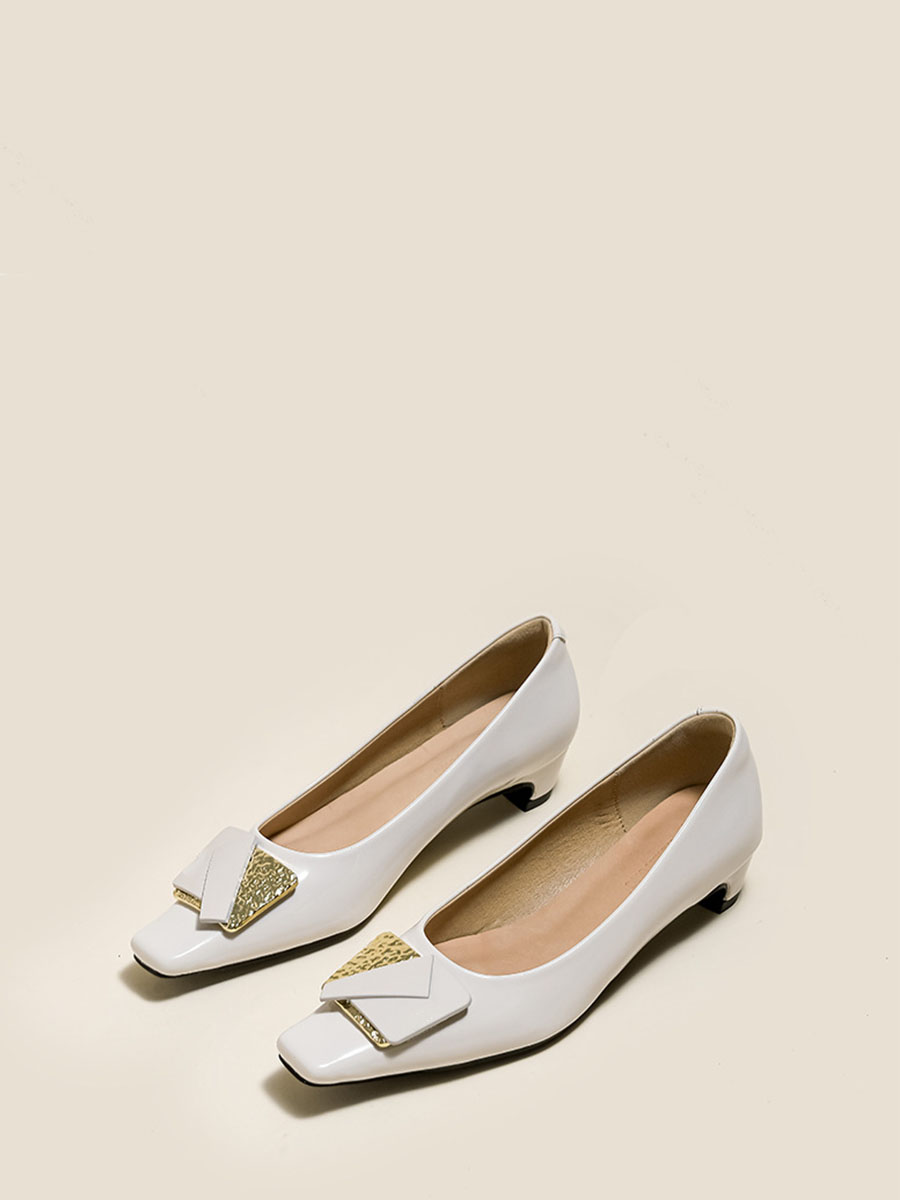 Women’s Beige Patent Microfiber Metal Decoration Square Top Low Block Heels Pumps (1)