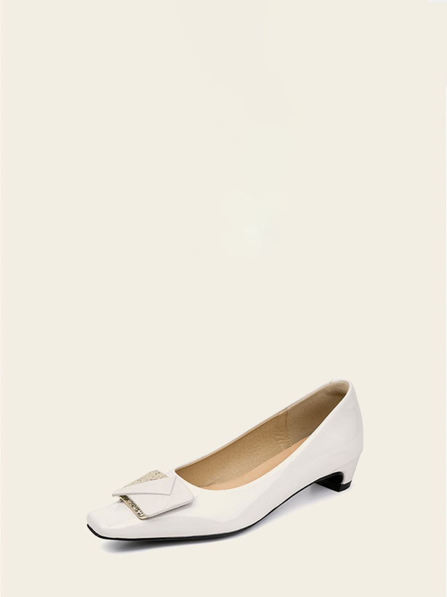 Women’s Beige Patent Microfiber Metal Decoration Square Top Low Block Heels Pumps