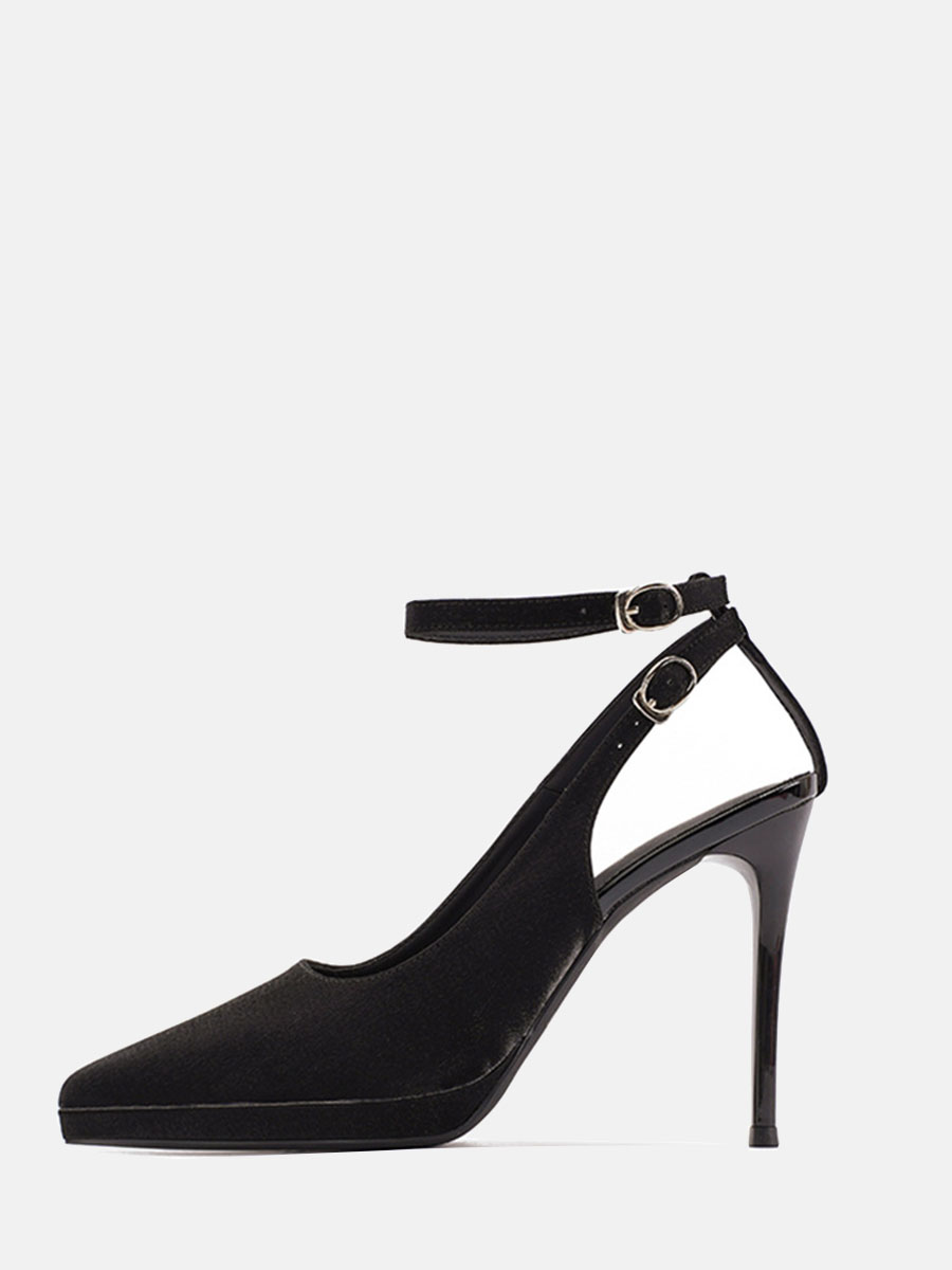 Women’s Black Buckle Ankle Strap Platform Stiletto Heels Pointed Toe Slingback Pumps