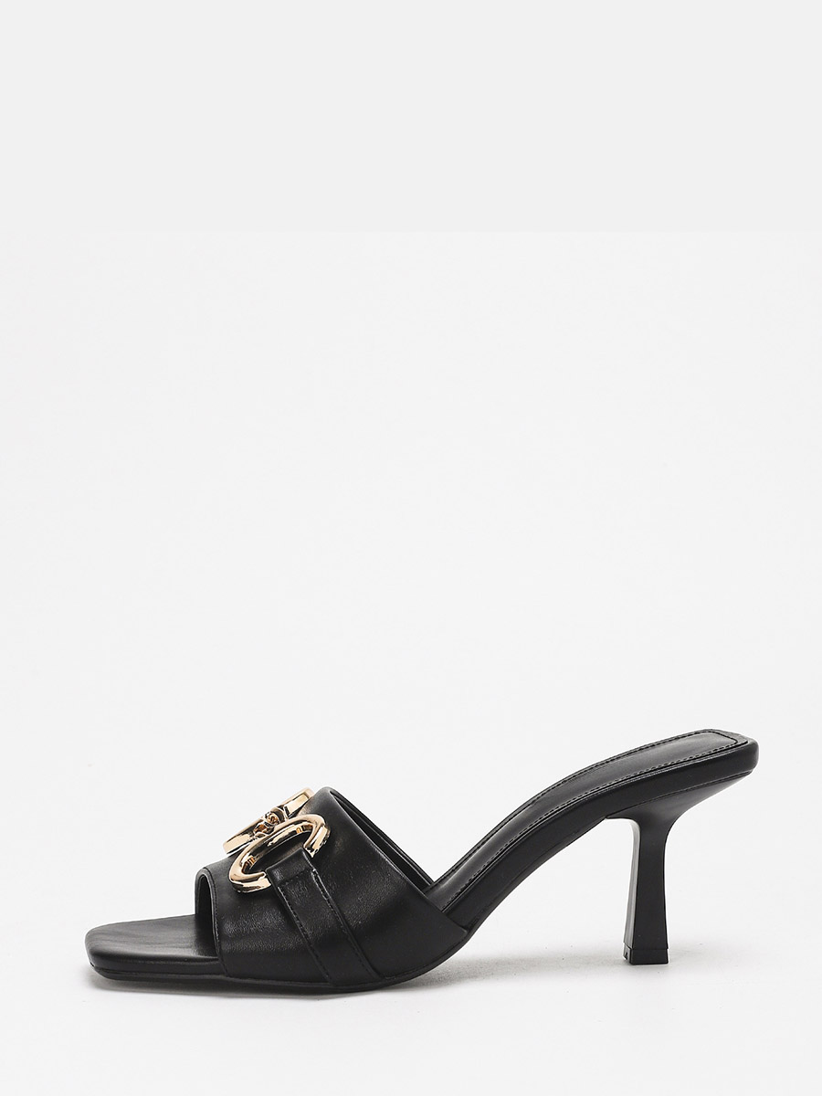 Women’s Black Lambskin Metal Ring Buckle Stiletto Heels Square Open Toe Mule Sandals
