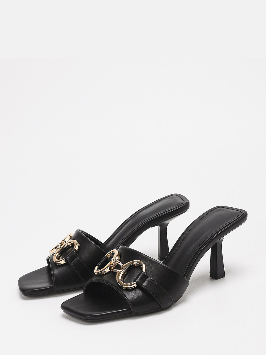 Women’s Black Lambskin Metal Ring Buckle Kitten Heels Square Open Toe Mule Sandals (2)