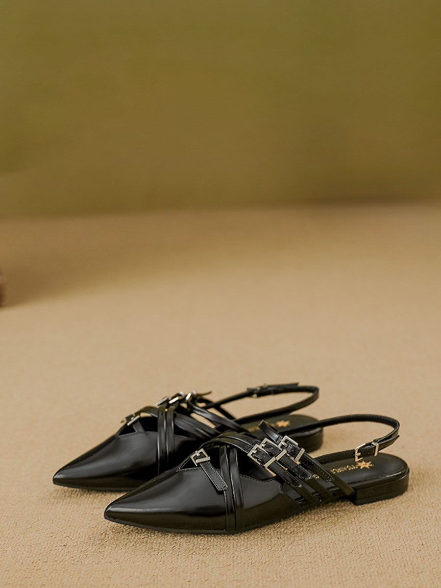 Women’s Black Microfiber Buckle Pointed Toe Strappy Design Slingback Flats Pumps