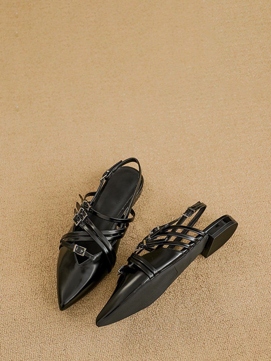 Women’s Black Microfiber Buckle Pointed Toe Strappy Design Slingback Flats Pumps