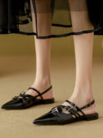 Women’s Black Microfiber Buckle Pointed Toe Strappy Design Slingback Flats Pumps