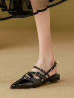 Women’s Black Microfiber Buckle Pointed Toe Strappy Design Slingback Flats Pumps