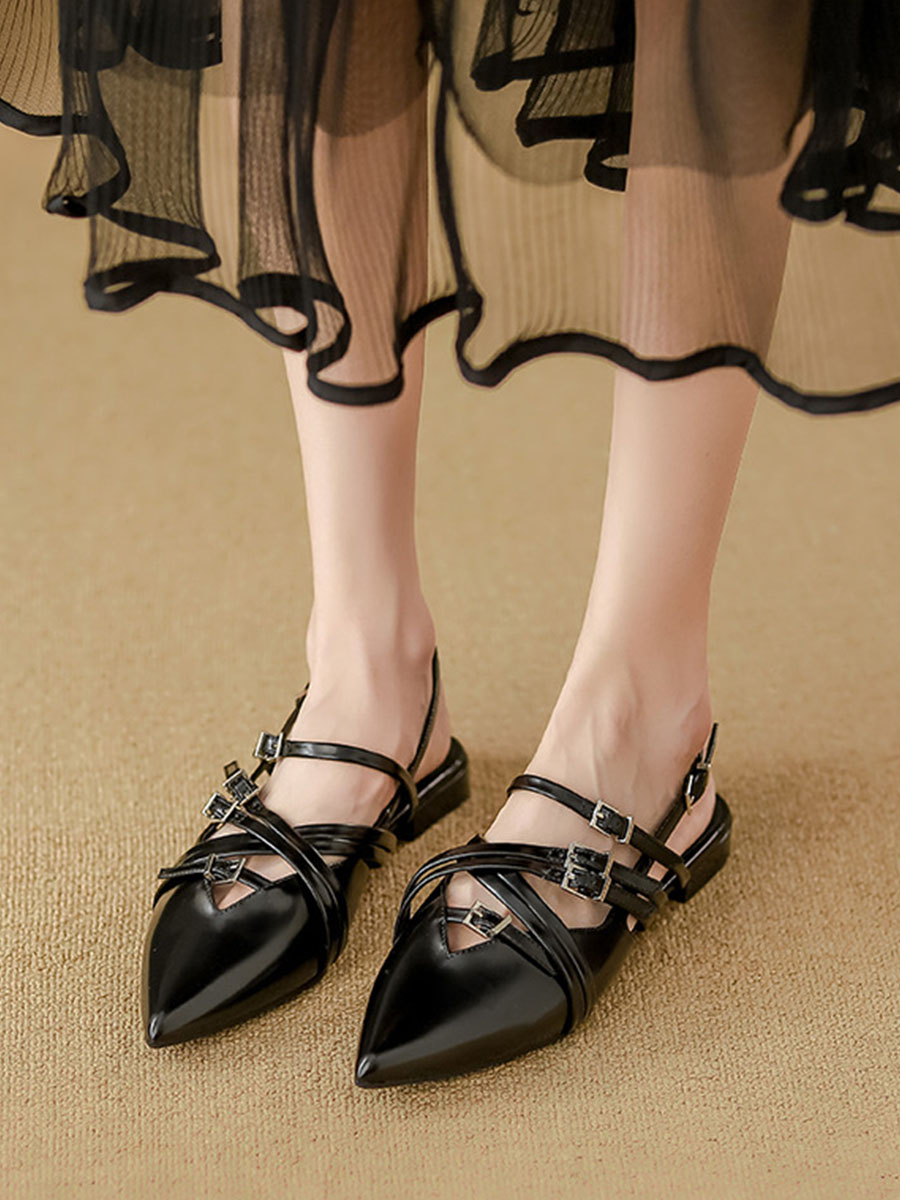 Women’s Black Microfiber Buckle Pointed Toe Strappy Design Slingback Flats Pumps