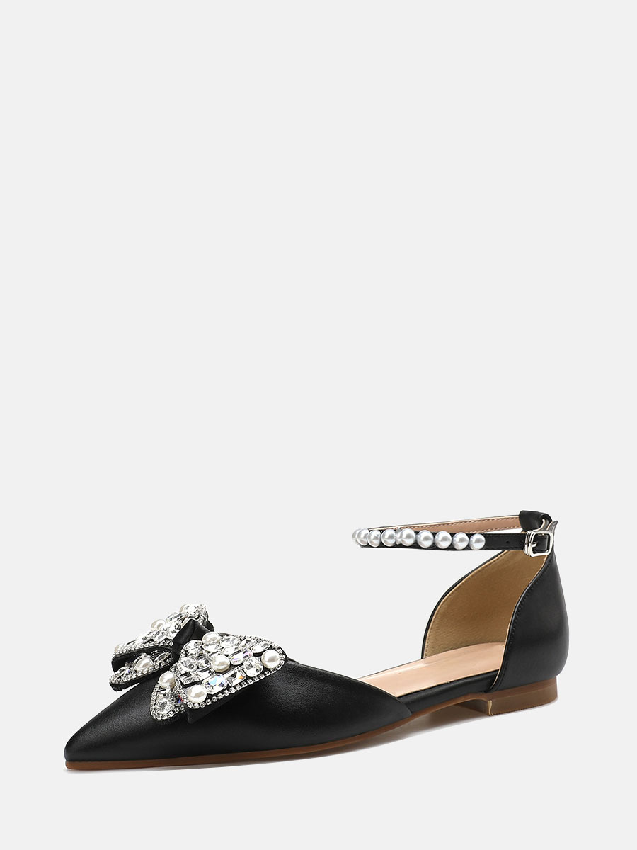 Women’s Black PU Rhinestone Bow Pearl Ankle Strap D'Orsay Flats Pumps