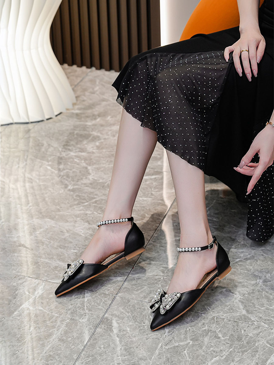 Women’s Black PU Rhinestone Bow Pearl Ankle Strap D’Orsay Flats Pumps (8)