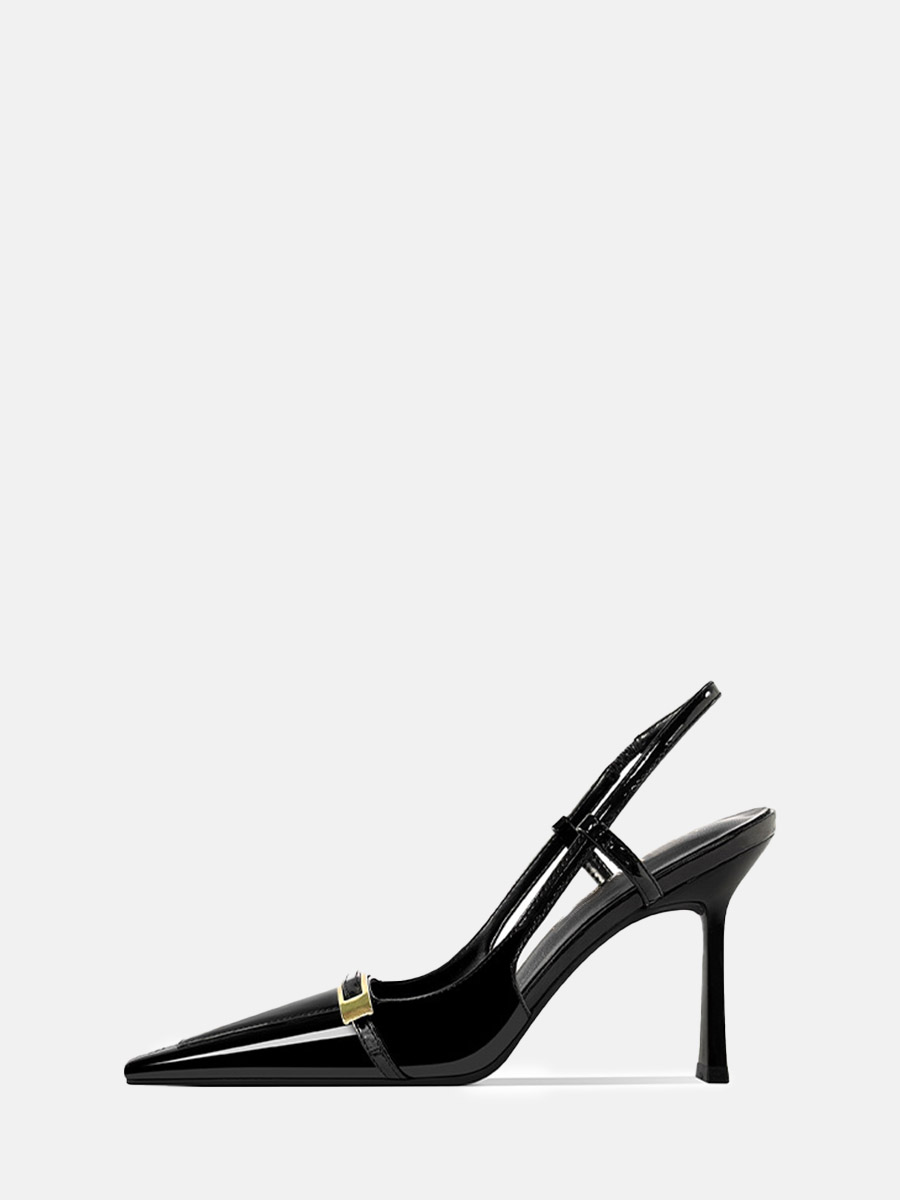 Women’s Black Patent Leather Pointed Toe Gold Buckle Slingback Stiletto Heels
