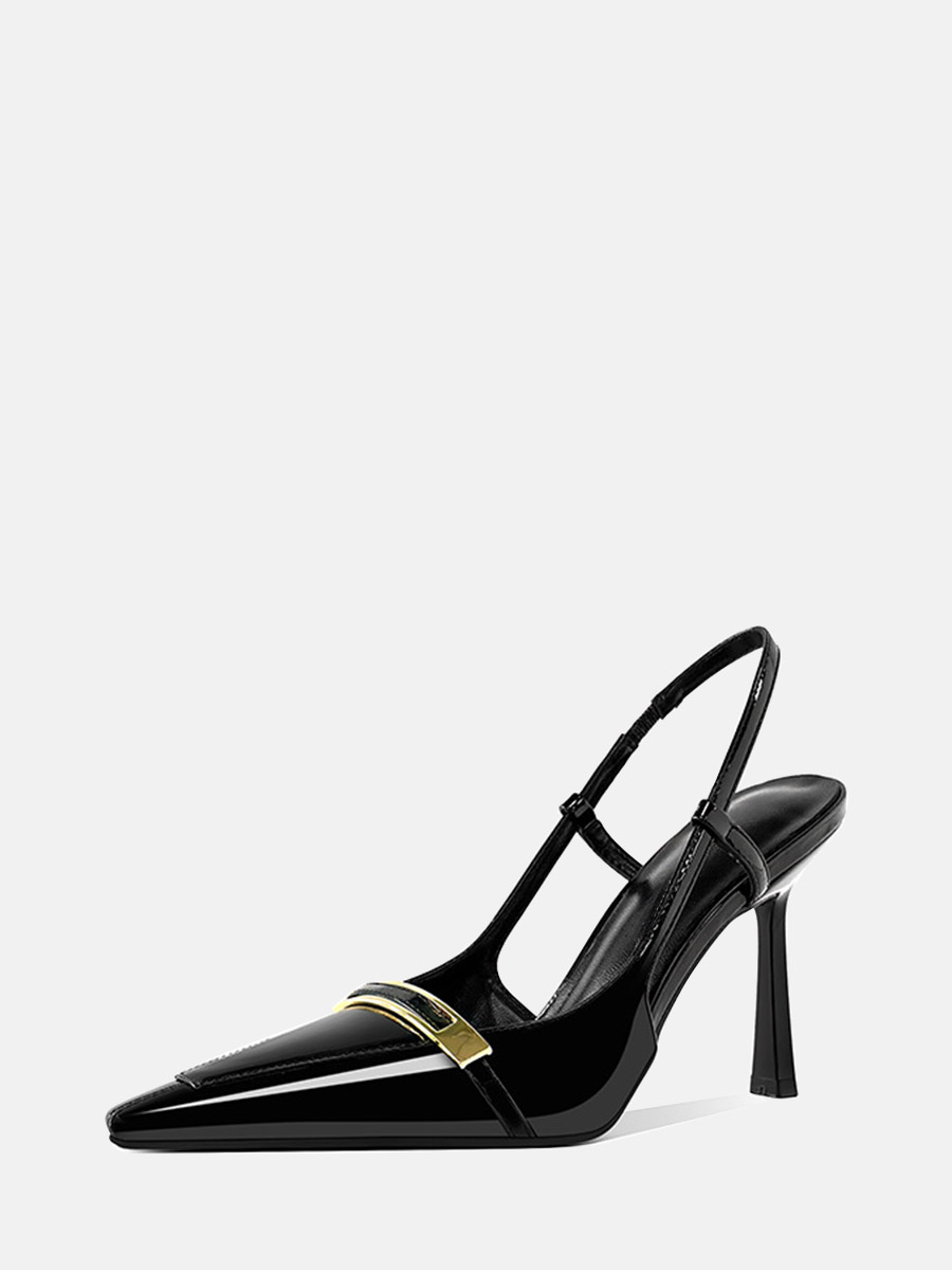 Women’s Black Patent Leather Pointed Toe Gold Buckle Slingback Stiletto Heels (3)