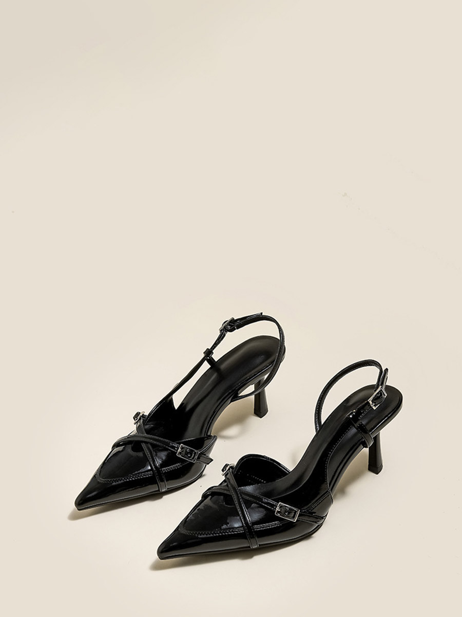 Women’s Black Patent Microfiber Leather Buckle Slingback Pointed Toe Stiletto Heels (2)