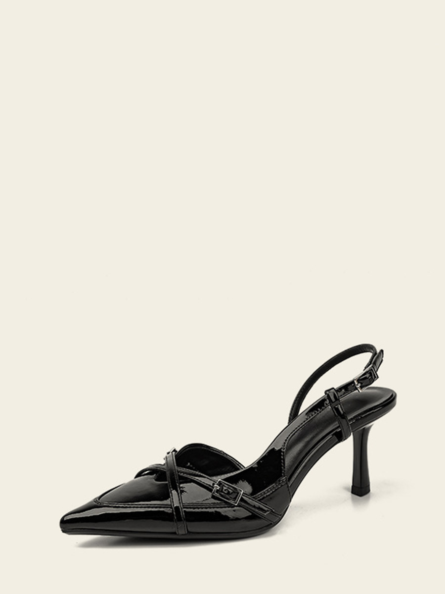 Women’s Black Patent Microfiber Leather Buckle Slingback Pointed Toe Stiletto Heels
