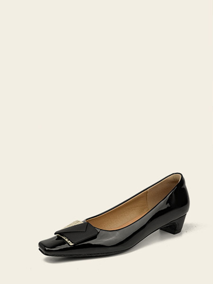 Women’s Black Patent Microfiber Metal Decoration Square Top Low Block Heels Pumps