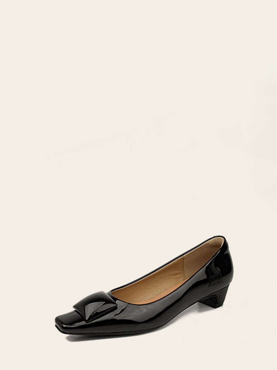 Women’s Black Patent Synthetic Leather Square Toe Decoration Low Block Heels Pumps