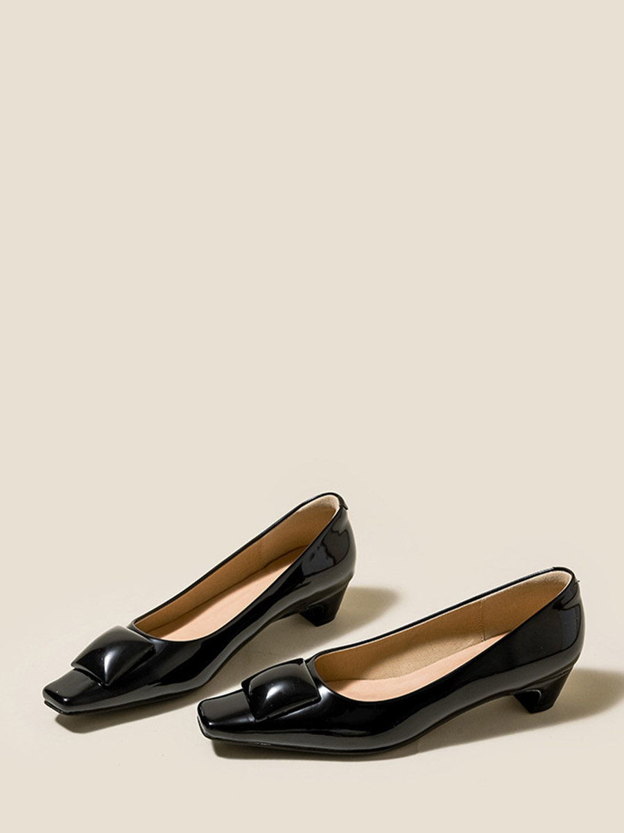 Women’s Black Patent Synthetic Leather Square Toe Decoration Low Block Heels Pumps (3)