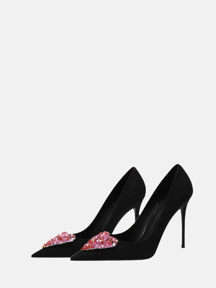 Women’s Black Suede Evening Rhinestone Heart Pointed Toe Stiletto Heels Pumps