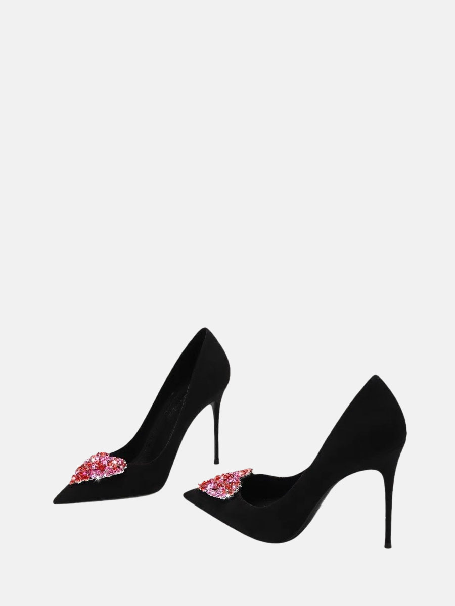 Women’s Black Suede Evening Rhinestone Heart Pointed Toe Stiletto Heels Pumps (2)