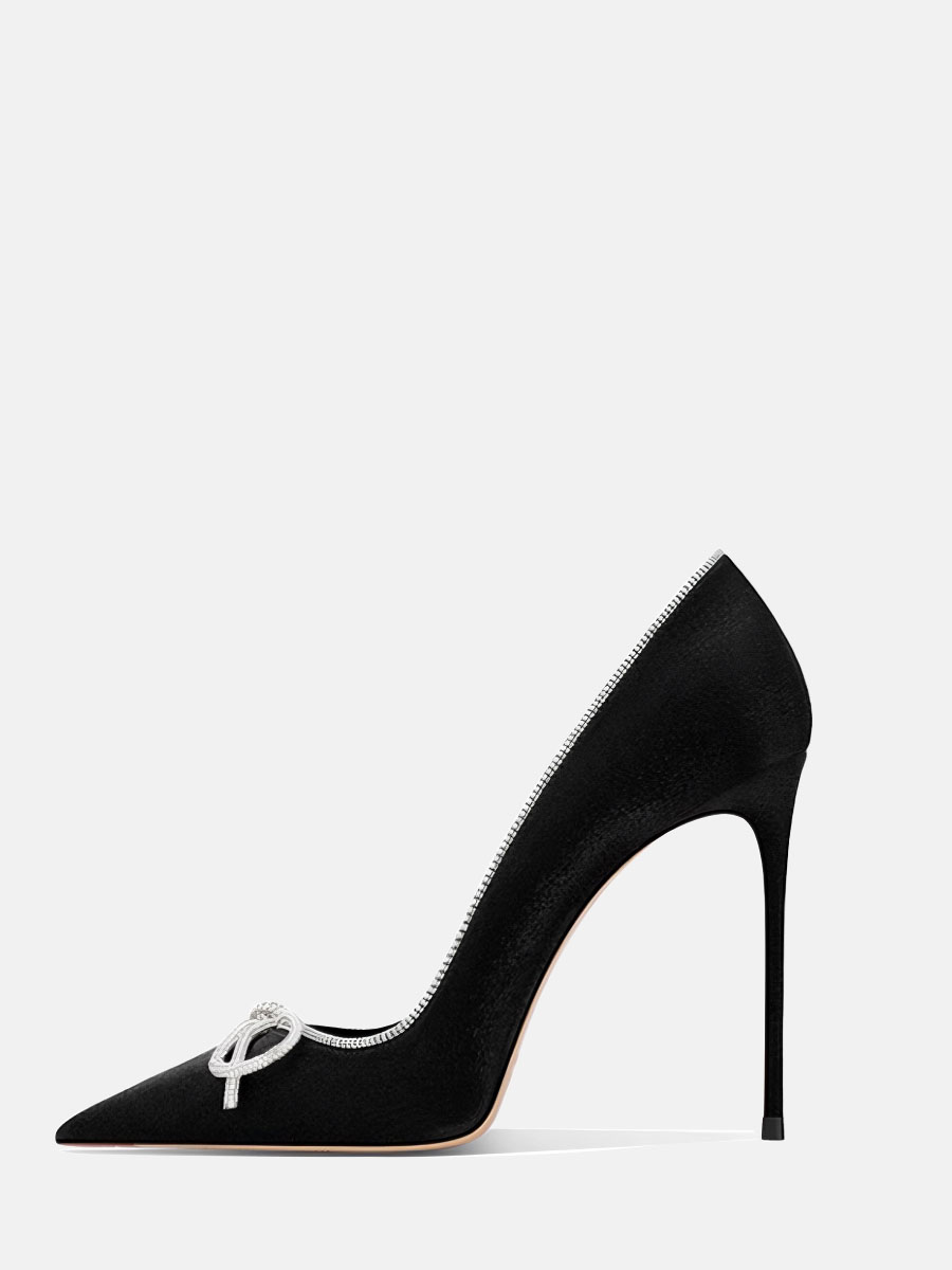 Women’s Black Suede Rhinestone Bow Pointed Toe Stiletto Heels Pumps