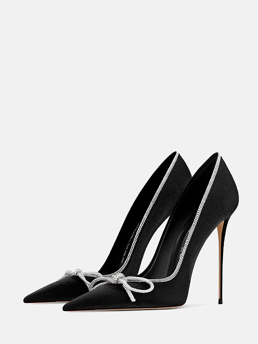 Women’s Black Suede Rhinestone Bow Pointed Toe Stiletto Heels Pumps (2)
