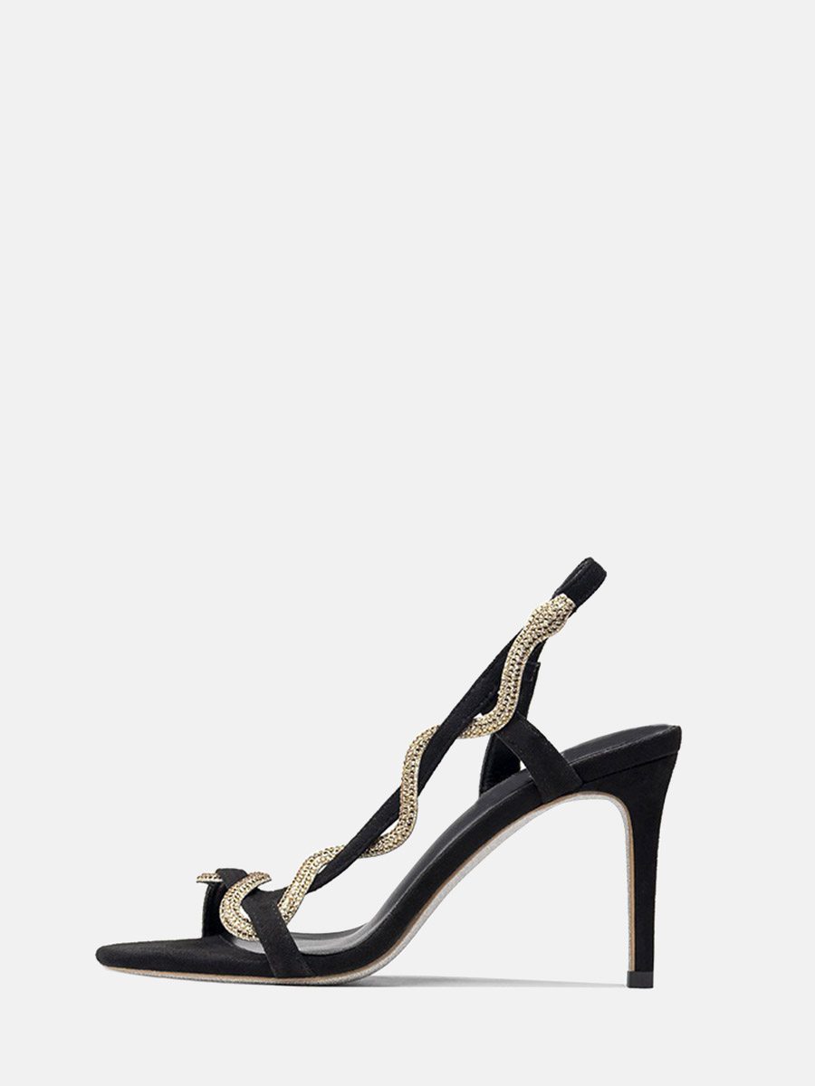 Women’s Black Suede Rhinestone Snake Embellished Stiletto Heels Round Toe Slingback Sandals