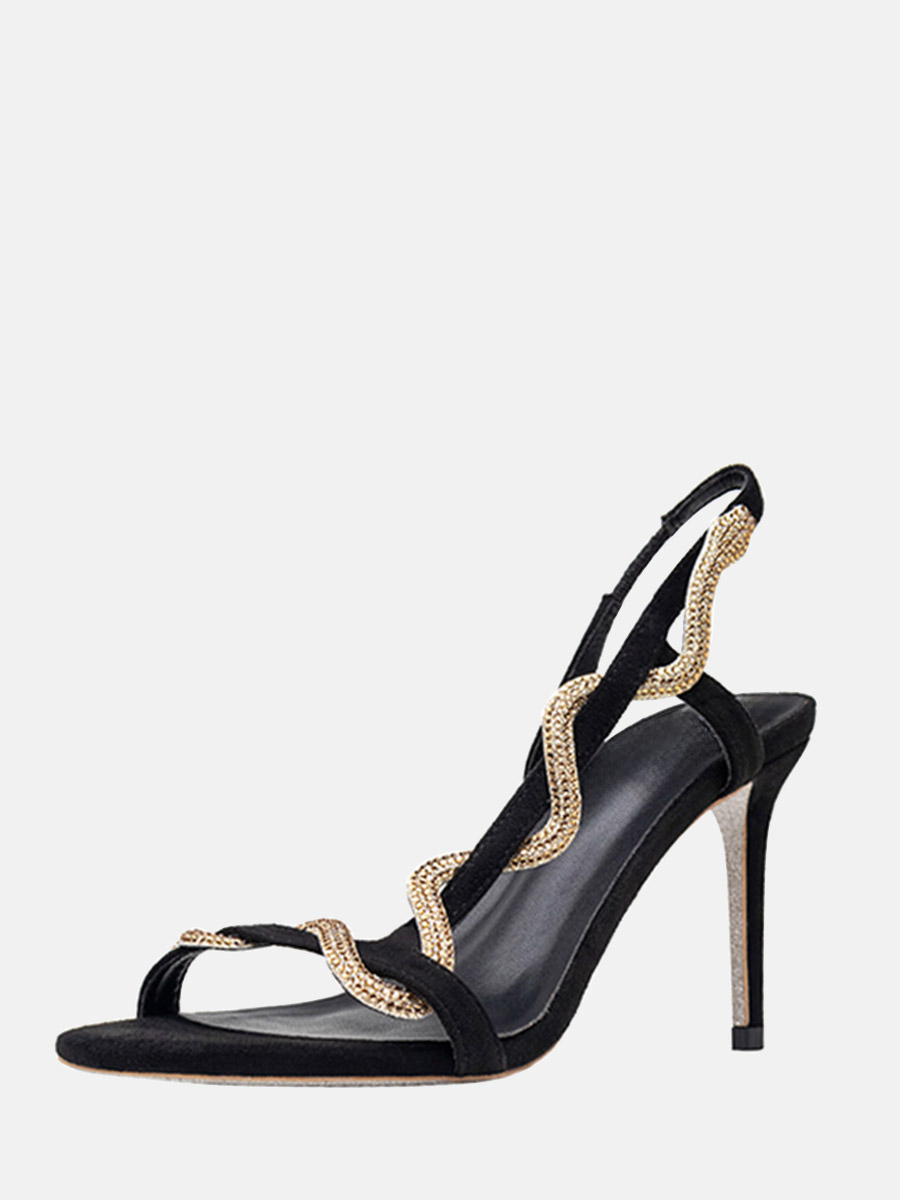 Women’s Black Suede Rhinestone Snake Embellished Stiletto Heels Round Toe Slingback Sandals (4)