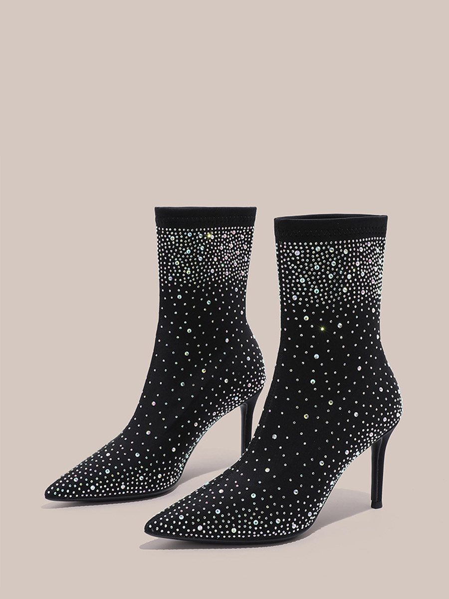 Women’s Black Suede Rhinestones Embellished Pointed Toe Stiletto Heels Ankle Boots (1)