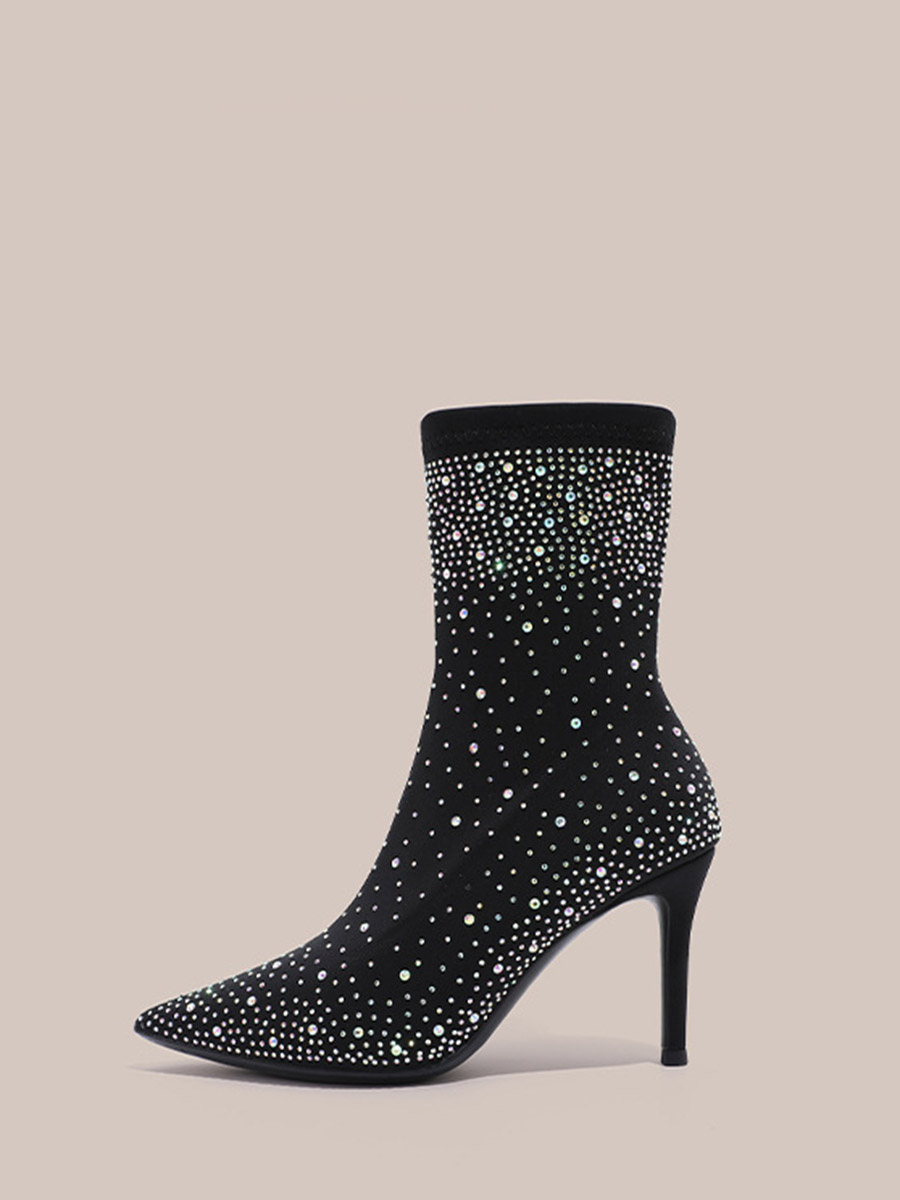 Women’s Black Suede Rhinestones Embellished Pointed Toe Stiletto Heels Ankle Boots
