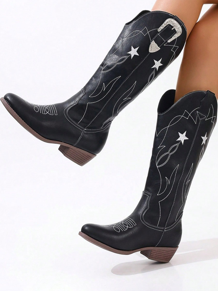 Women’s Black Synthetic Leather Embroidered Buckle Round Toe Western Mid Calf Boot (2)