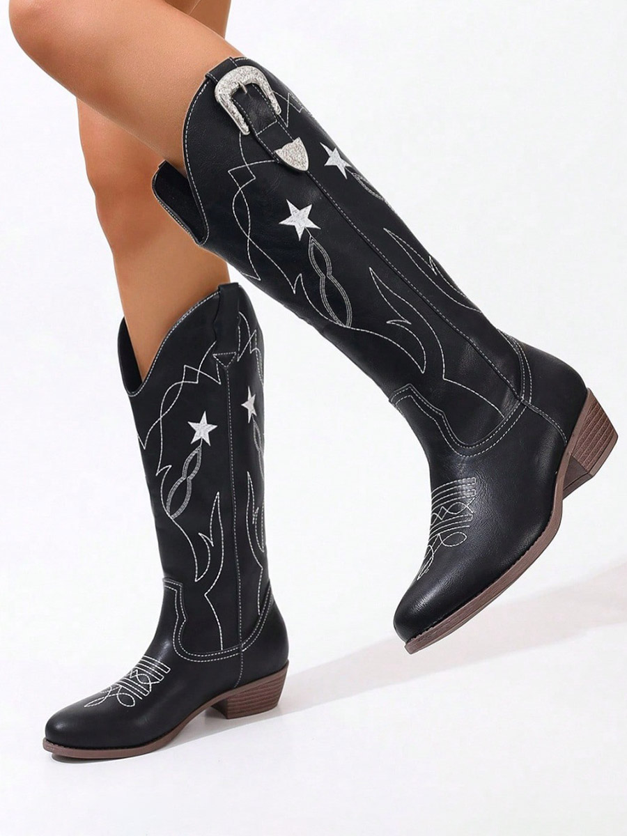 Women’s Black Synthetic Leather Embroidered Buckle Round Toe Western Mid Calf Boot