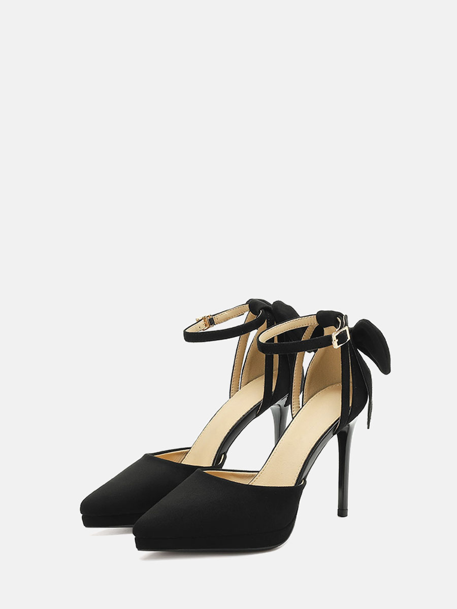 Women’s Black Velvet Bow Ankle Strap Platform Stiletto Heels Pointed Toe D'Orsay Pumps