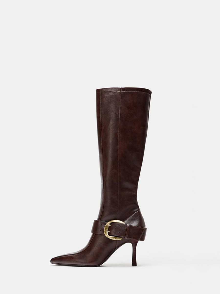 Women’s Brown Microfiber Buckle Pointed Toe Stiletto Heels Knee High Boots
