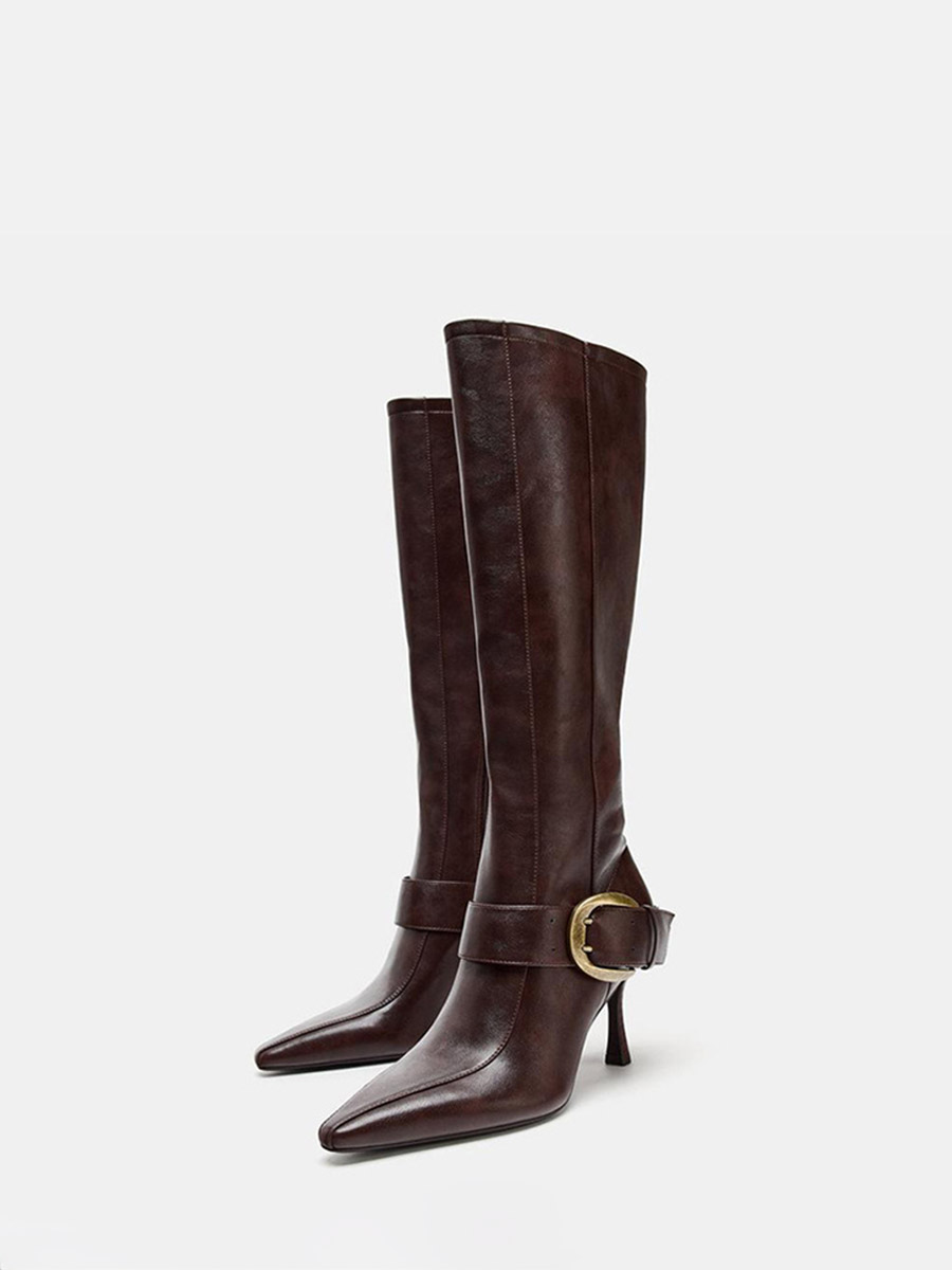 Women’s Brown Microfiber Buckle Pointed Toe Stiletto Heels Knee High Boots (2)