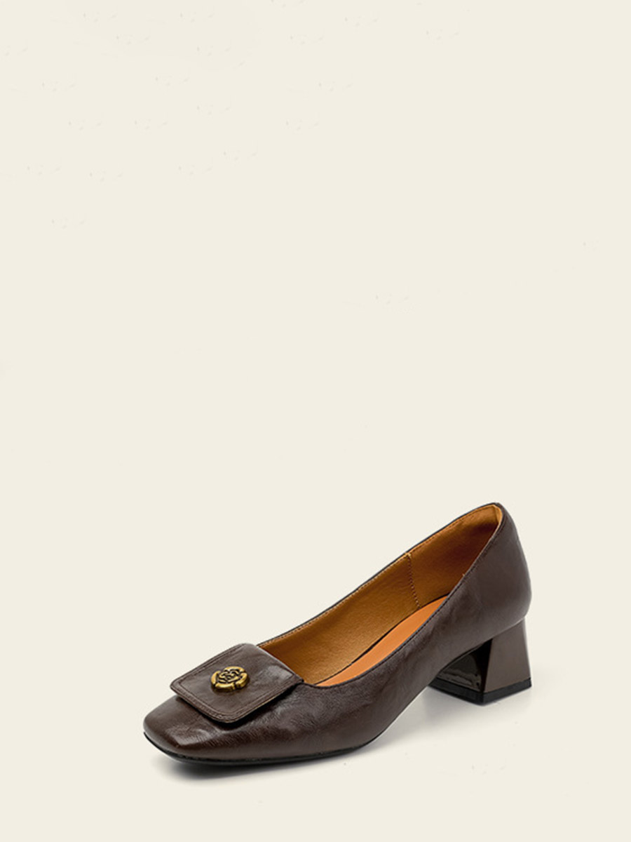 Women’s Brown Microfiber Camellia Embellished Block Heels Pumps Square Toe