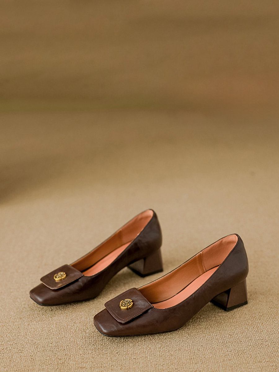 Women’s Brown Microfiber Camellia Embellished Block Heels Pumps Square Toe (7)
