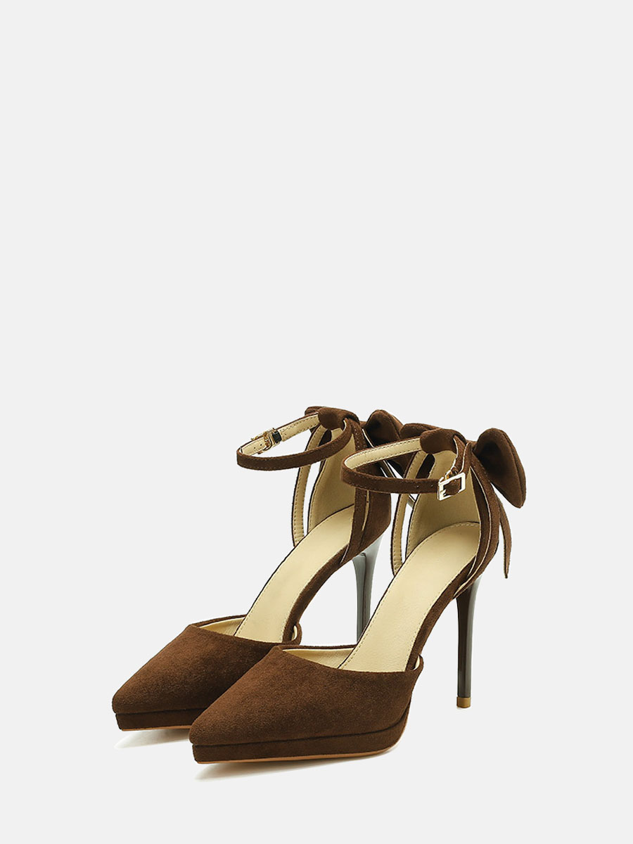 Women’s Brown Velvet Bow Ankle Strap Platform Stiletto Heels Pointed Toe D'Orsay Pumps