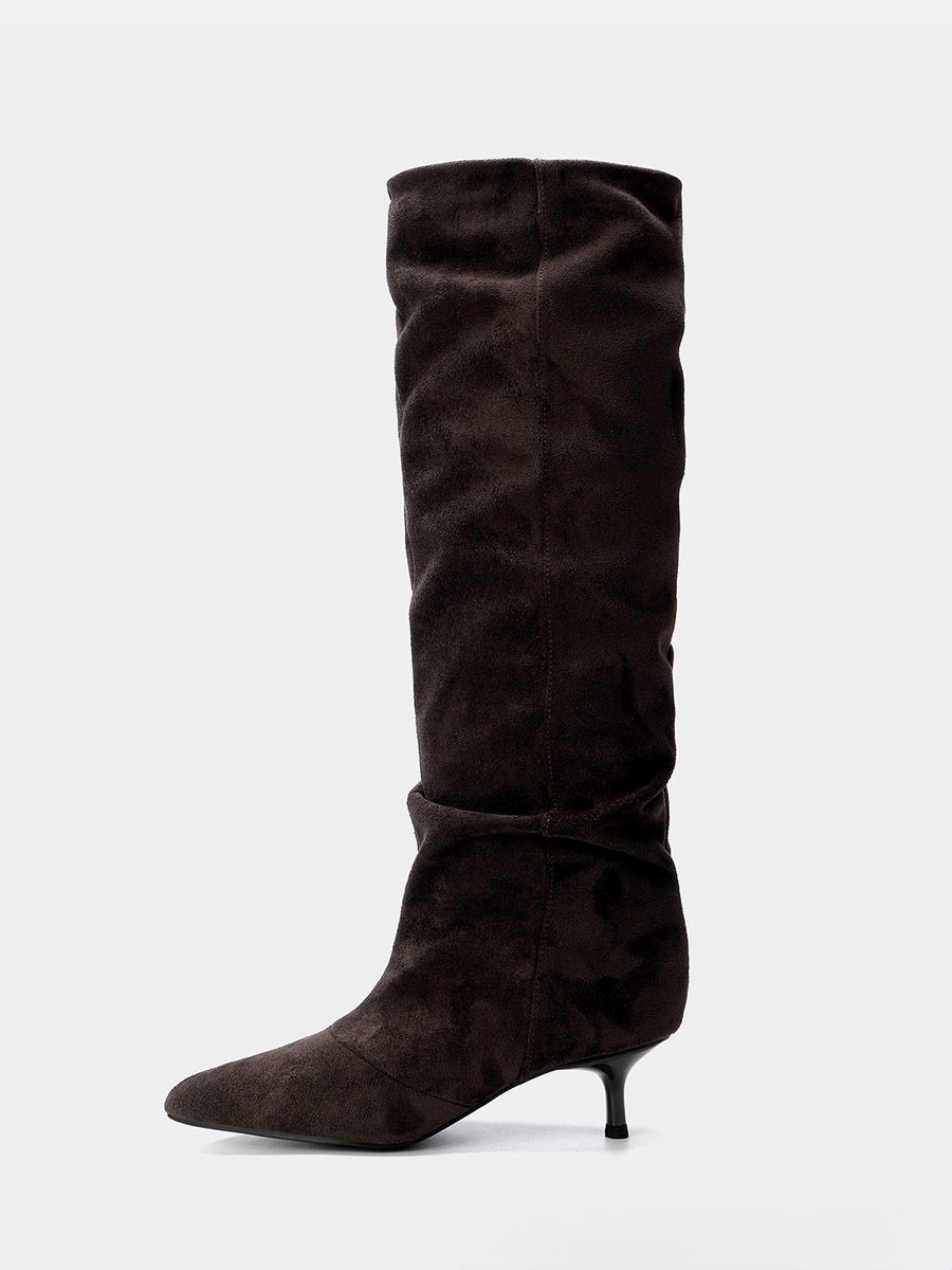 Women’s Coffee Suede Cowhide Pointed Toe Kitten Heels Slouchy Knee High Boots