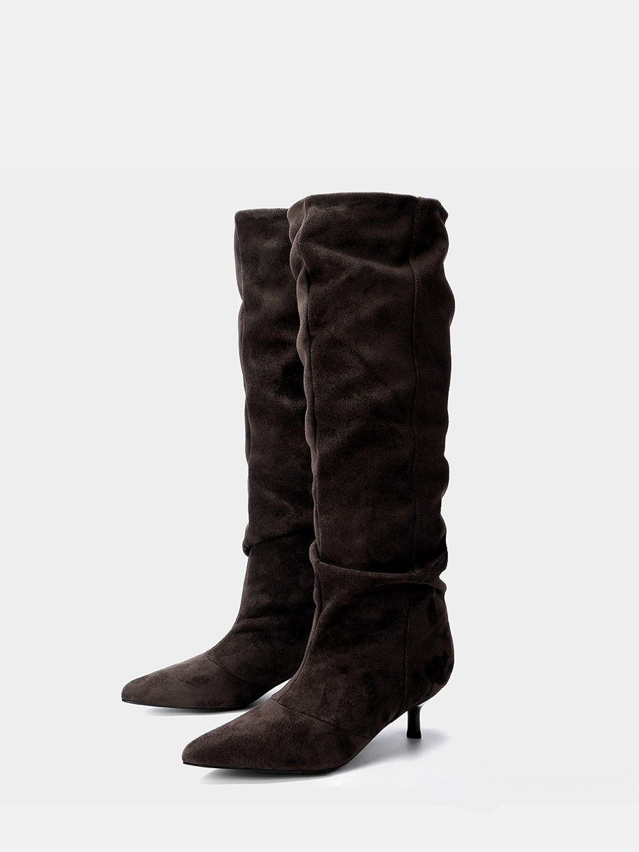 Women’s Coffee Suede Cowhide Pointed Toe Kitten Heels Slouchy Knee High Boot (5)