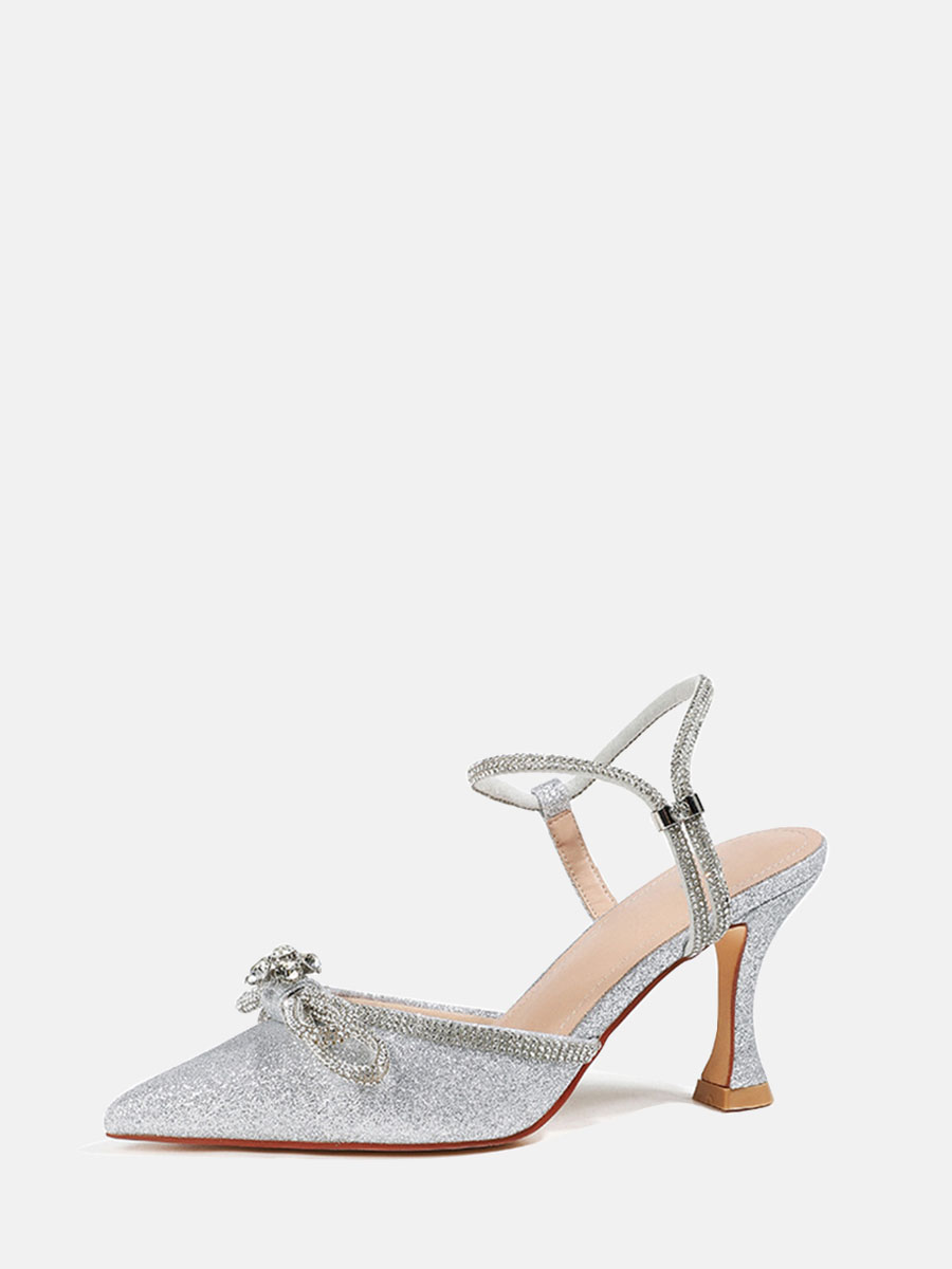 Women’s Glitter Satin Rhinestone Bows Ankle Strap Stiletto Heels Slingback Pumps