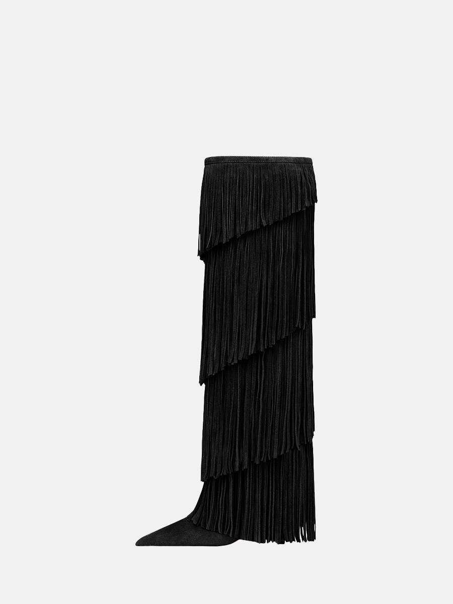 Women’s Laminated Suede Cowhide Fringe Layered Pointed Toe Stiletto Heels Knee High Boots