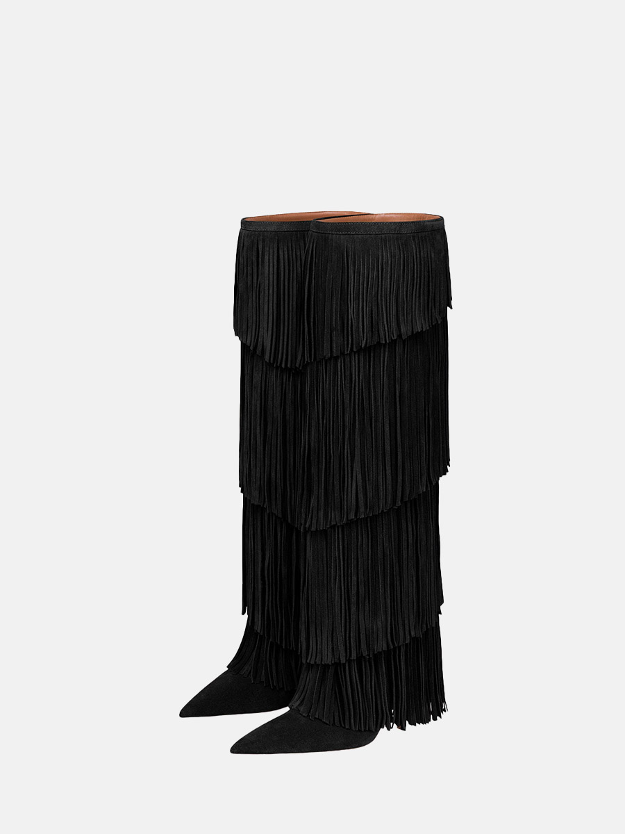 Women’s Laminated Suede Cowhide Fringe Layered Pointed Toe Stiletto Heels Boots (2)