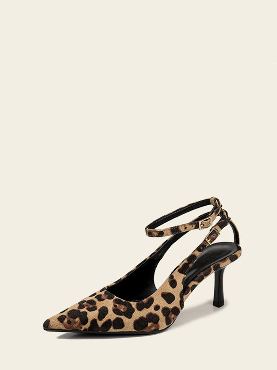 Women’s Leopard Print Microfiber Pointed Toe Ankle Strap Buckle Stiletto Heels Slingback Pumps