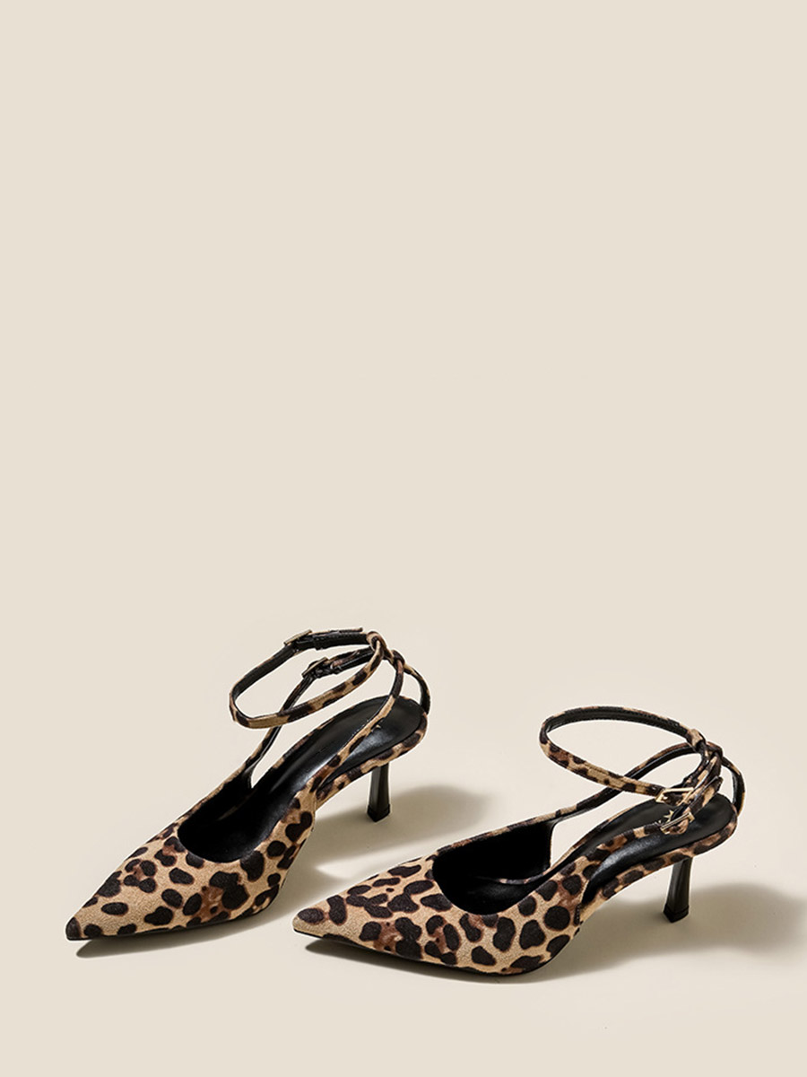 Women’s Leopard Print Microfiber Pointed Toe Ankle Strap Buckle Stiletto Heels Slingback Pumps (2)