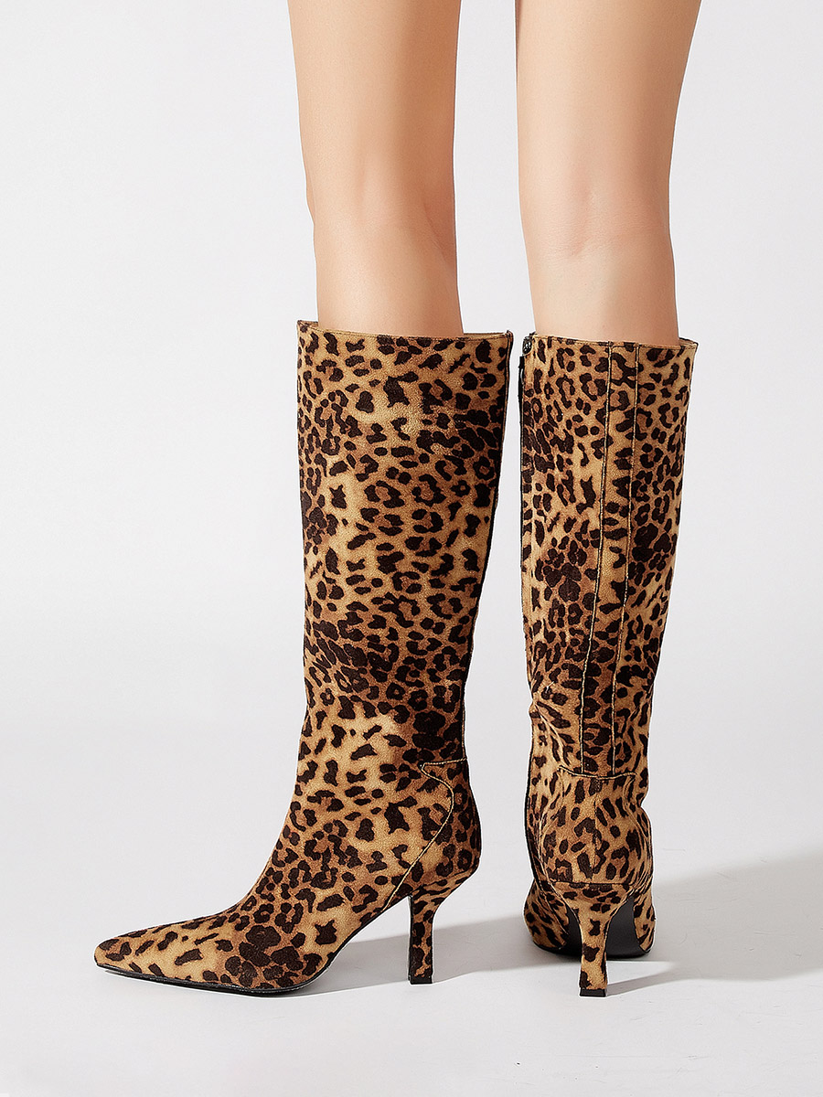 Women’s Leopard Print Suede Side Zip Pointed Toe Stiletto Heels Knee High Boots (3)