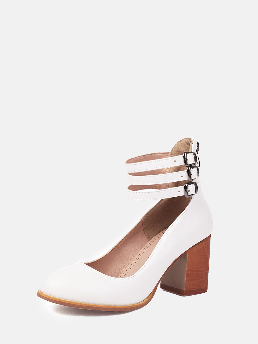 Women’s PU Triple Buckle Block Heels Round Toe Pumps