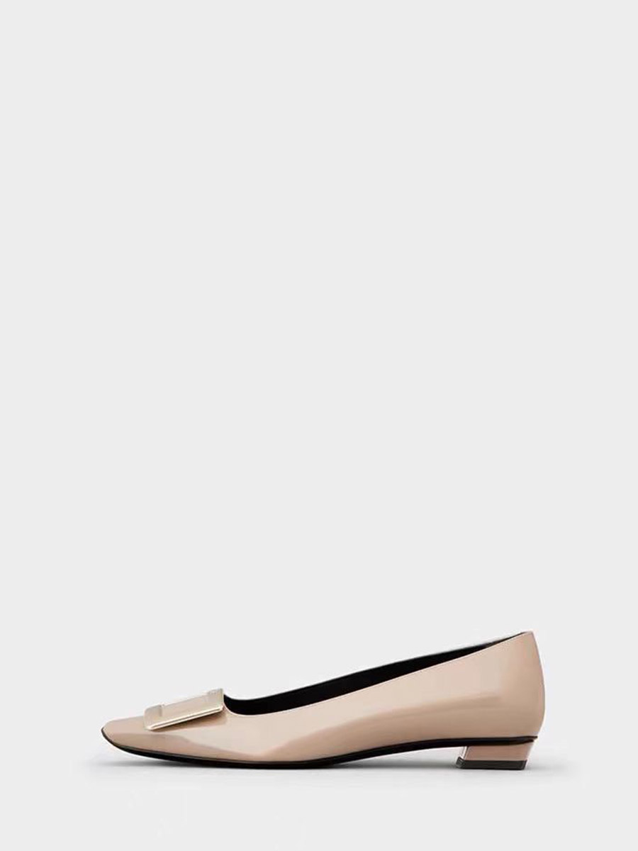 Women’s Patent Cowhide Square Buckle Low Block Heels Pumps