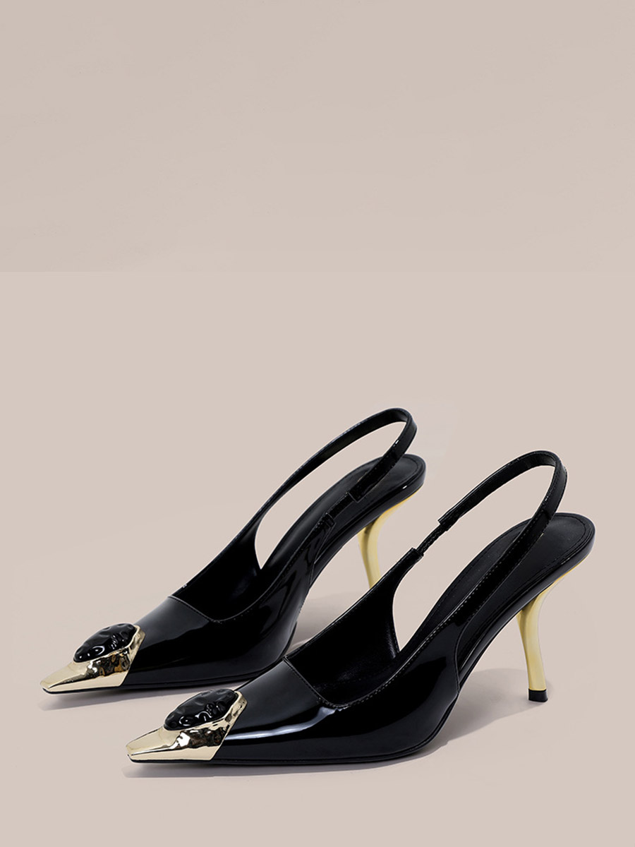 Women’s Patent Leather Metal Tip Pointed Toe Slingback Stiletto Heels