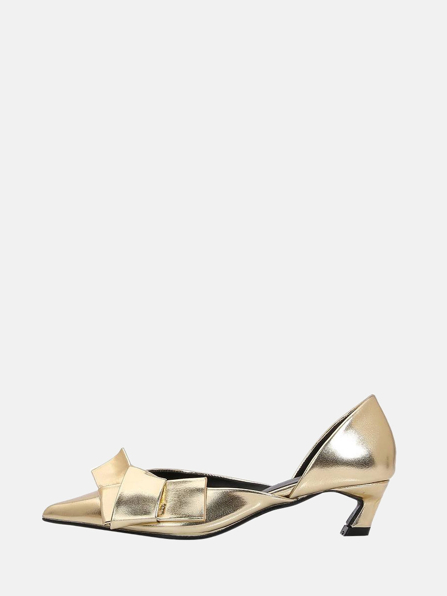 Women’s Patent PU Bow Accent Pointed Toe Kitten Heels D'Orsay Pumps
